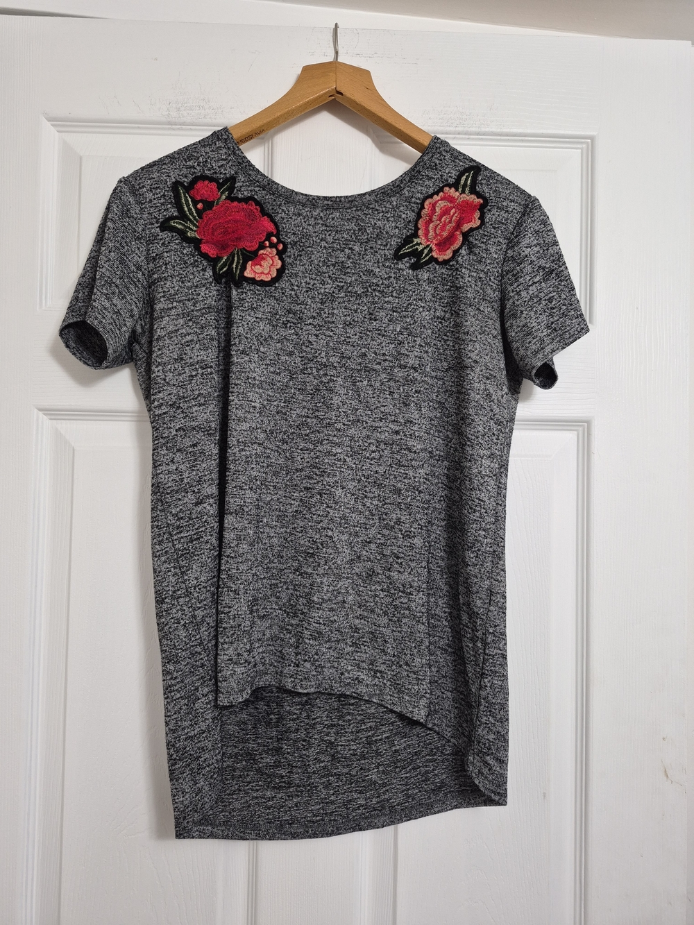 twik Gray Short-Sleeve Knit Top with Pink Floral Appliqué